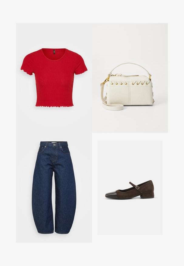Rød ribbet crop top med korte, flæsekorte ærmer og rund halsudskæring. Stoffet ser strækbart og tekstureret ud, hvilket fremhæver det tætsiddende design.; Mørkeblå denim jeans med høj talje og brede ben, frontknap og lynlås lukning samt klassisk fem-lomme design.; Brun ruskind Mary Jane-sko med en sort laklæder tåhætte, justerbar rem og en lav blokhæl. Glat tekstur med minimale detaljer.; Hvid faux læder taske med en lynlås i toppen, et kort håndtag og en aftagelig crossbody-rem med guldfarvet hardware. Side snøring detalje.; Sølv hoop ørestik med en poleret overflade, prydet med små guld accenter og en rund form, båret på øreflippen.