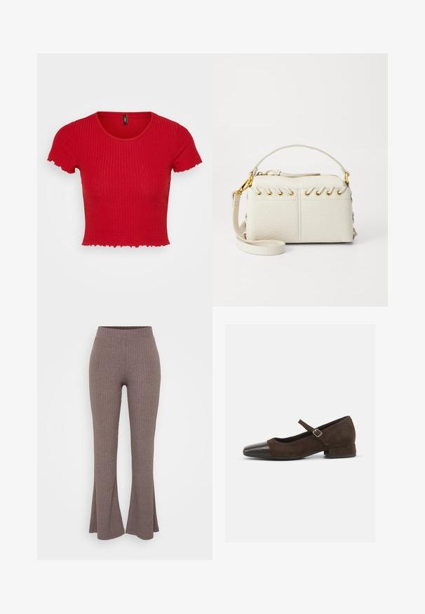 Red ribbed crop top with short, frilled sleeves and a round neckline. The fabric appears stretchy and textured, emphasizing the fitted design.; Brown ribbed flared trousers with a high, stretchy waistband and a soft texture, featuring a subtle vertical pattern throughout.; Brown suede Mary Jane shoe with a black patent leather toe cap, adjustable strap, and a low block heel. Smooth texture with minimal accents.; White faux leather handbag featuring a top zipper, a short handle, and a removable crossbody strap with gold-tone hardware. Side lacing detail.; Silver hoop earring with a polished finish, featuring small gold accent details and a round shape, worn on the lobe.