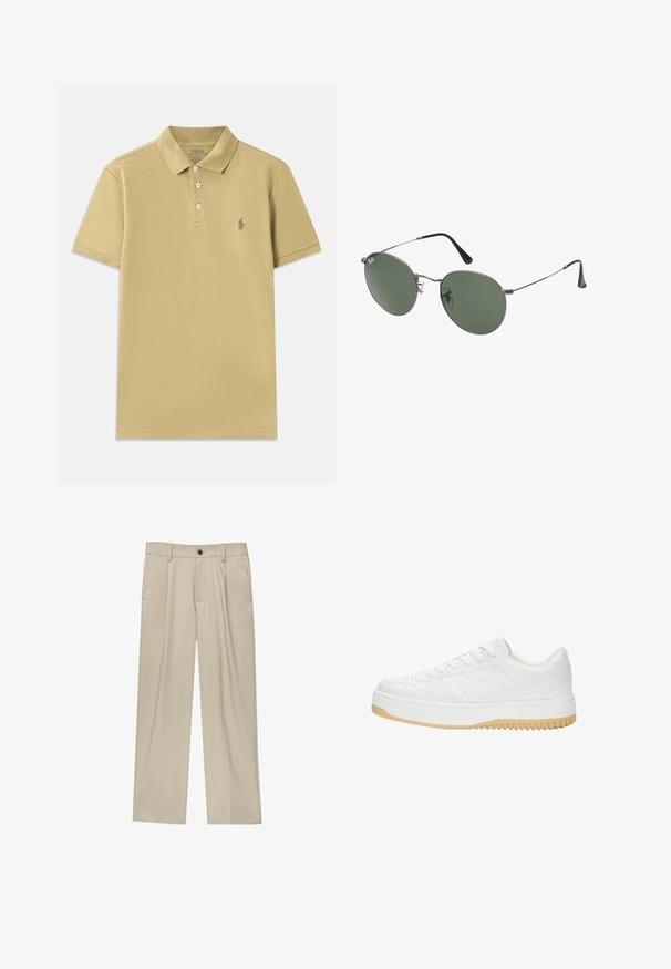 Kaki polo majica iz bombaža, z klasičnim ovratnikom, kratkimi rokavi, trojnim gumbom in vezenim logotipom na prsih.; Bež hlače ravnega kroja, z enim črnim gumbom, zanke za pas in stranskimi žepi. Gladka tekstura tkanine in minimalističen dizajn.; Beletena usnjena športna obutev z teksturiranim zaključkom, ki vsebuje gumijast podplat, vezalni dizajn in subtilne črtne akcentne na straneh.; Sončna očala z ovalnimi zelenimi lečami v kovinskem okvirju. Tanjši srebrni kovinski okvir in črne ušesne konice. Minimalistična zasnova, brez vidnih logotipov.