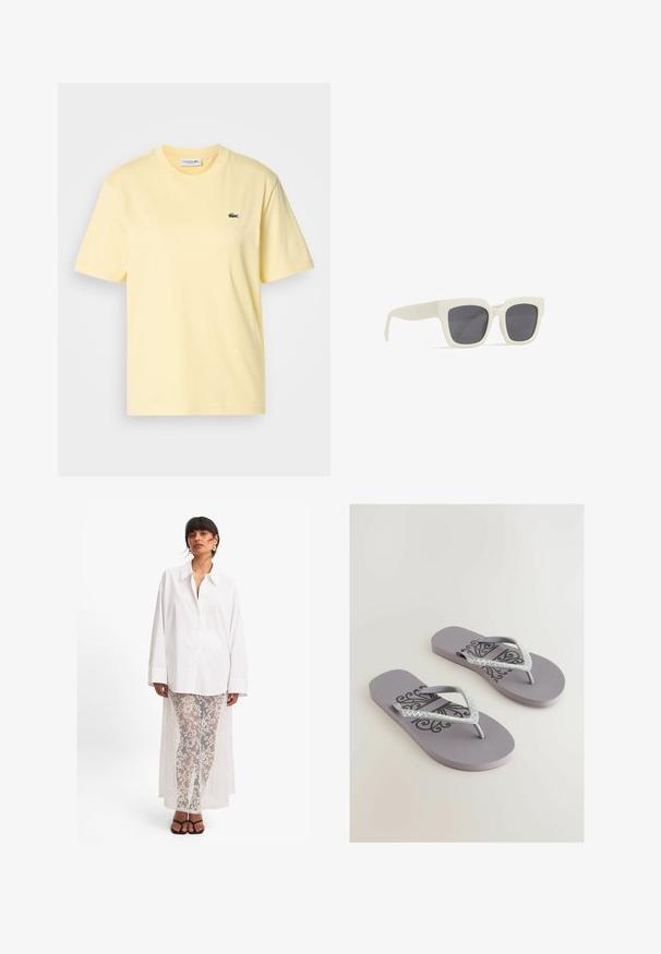 Gul bomulds T-shirt med korte ærmer og rund halsudskæring. Har et lille grønt broderet krokodillelogo på brystet.; Gul bomulds skjorte med knaplukning og lange ærmer, klassisk kravesnit, og broderet logo på brystet. Glat tekstur, skræddersyet pasform.; Hvid button-up skjorte med lange ærmer, parret med gennemsigtige hvide blondebukser med blomstermønster og et langt bagdrapering. Sorte sandaler.; Grå flip-flops med en tekstureret fodseng, der har et dekorativt sort mønster og glitrende rhinestone-prydede stropper i V-form.; Hvide plastik solbriller med grå linser. Fyrkantet stelform. Har subtil branding på armen. Glat tekstur med en mat finish.