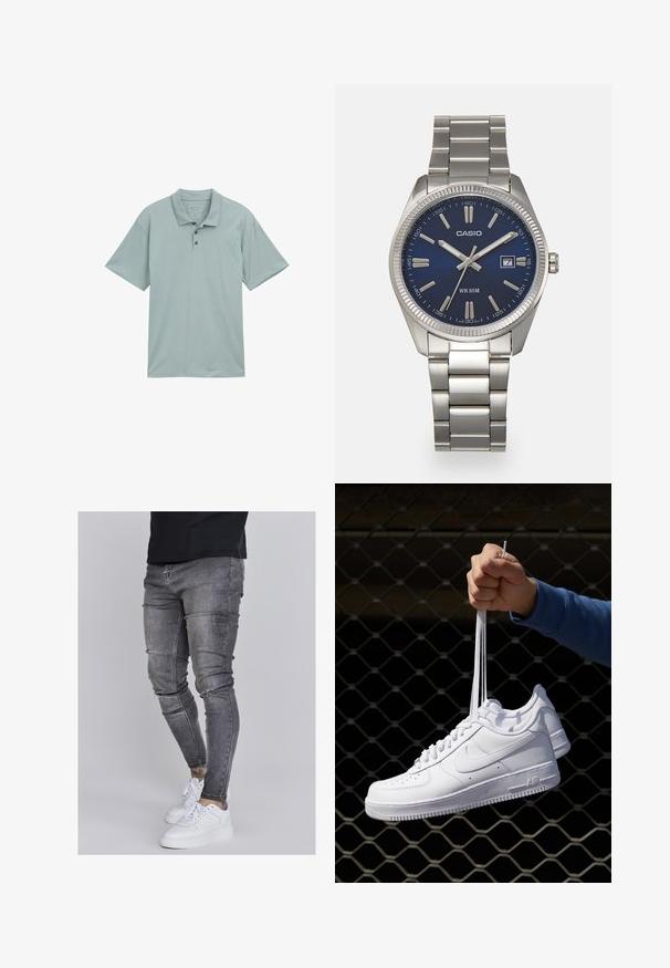 Világos türkiz pólóing, puha anyagból készült, klasszikus gallérral, rövid ujjakkal, három gombbal és mintáktól mentes, egyszerű dizájnnal.; Fakó szürke farmerből készült skinny farmernadrág, térdén kopott részletekkel, fehér sportcipővel párosítva. Simább anyag, karcsú szabás.; Fehér bőr sportcipők perforációval, kerek orral, lapos talppal és vastag fűzőkkel, látható swoosh logóval és "AIR" felirattal a sarokrészen.; Ezüst színű rozsdamentes acél karóránk sötétkék számlapja van, fém óraszámlálókkal és egy dátumablakkal a 3 órás pozícióban. 50 méterig vízálló.