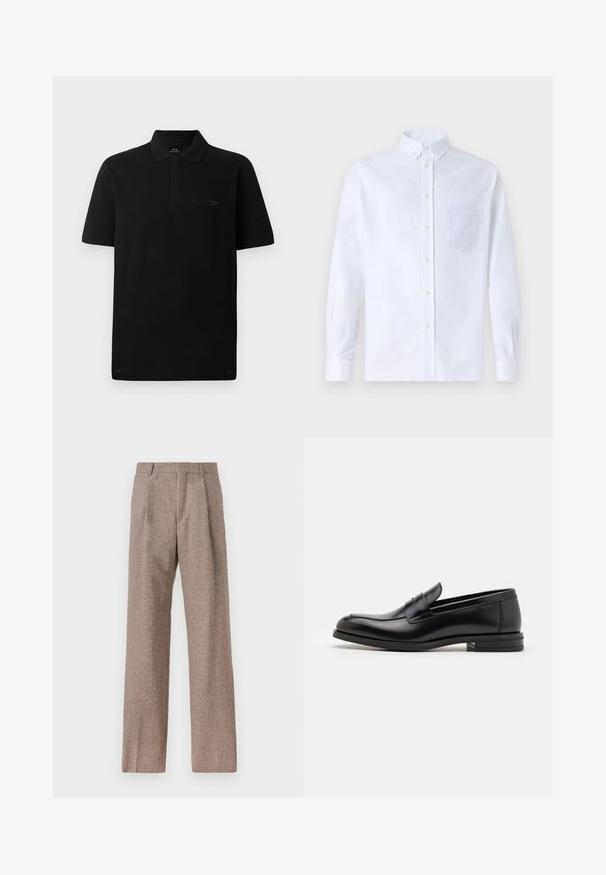 Černé bavlněné polo tričko s krátkými rukávy, tří tlačítkovou légou a decentním vyšitým logem na levé části hrudi. Hladká textura.; Bílá dlouhá košile s knoflíky vyrobená z bavlny, která má náprsní kapsu s tónovanou výšivkou, límec a knoflíkové manžety.; Hnědé kalhoty s vysokým pasem vyrobené z texturované látky. Mají široké nohavice a dva přední sklady pro strukturu. Úhledné provedení bez viditelné kovových částí.; Černé kožené polobotky s hladkou texturou, zaoblenou špičkou a zdobným páskem přes nárt. Nízký stohovaný podpatek, minimalistický design.