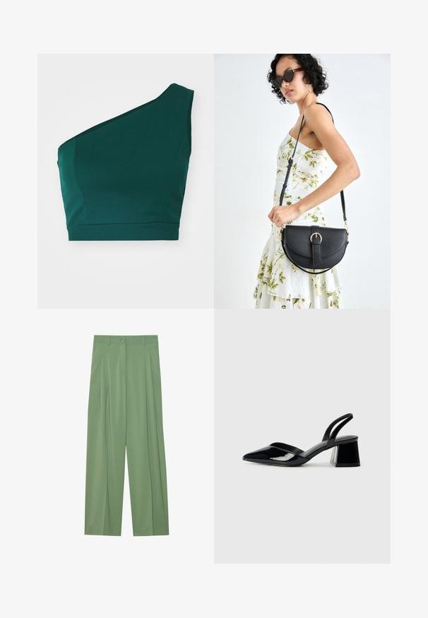Asymmetrisk grønn crop top laget av glatt stoff, med en enkel skulderstropp og en tettsittende linning.; Grønne vide bukser laget av glatt stoff. Har folder foran, en enkelt knappelukking og beltehemper.; Svarte patentlær slingback hæler med spiss tå og geometrisk blokk hæl. Har et stilrent, minimalistisk design og jevn tekstur.; Svart lærveske med en buet form, avtagbar stropp og gullbeslag. Vesken har et klaff med spenne-detall.