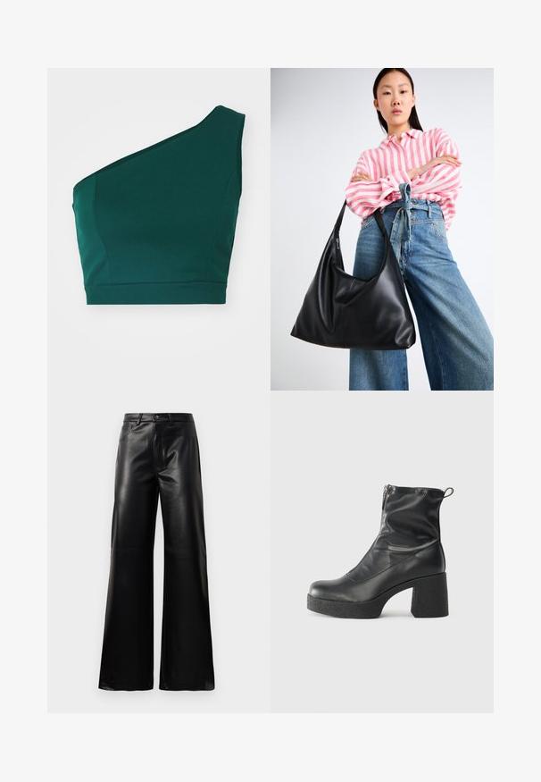 Asimetriška žalia viršutinė dalis, pagaminta iš lygaus audinio, su viena petneša ir prigludusia apdaila.; Juodos aukšto juosmens plačios kojų dirbtinės odos kelnės su priekiniais mygtukais, užtrauktuku, diržo kilpomis ir šoninėmis kišenėmis ant balto fono.; Juodos kulkšninių botai, pagaminti iš lygaus odos, su šoniniu užtrauktuku, masyviu tekstūruotu kulnu ir apvaliu pirštu.; Juodas odinis peties krepšys su laisvu siluetu ir siūlų detalėmis. Modelis vilki rožinės ir baltos spalvos dryžuotą marškinėlį bei plačius mėlynus džinsus.