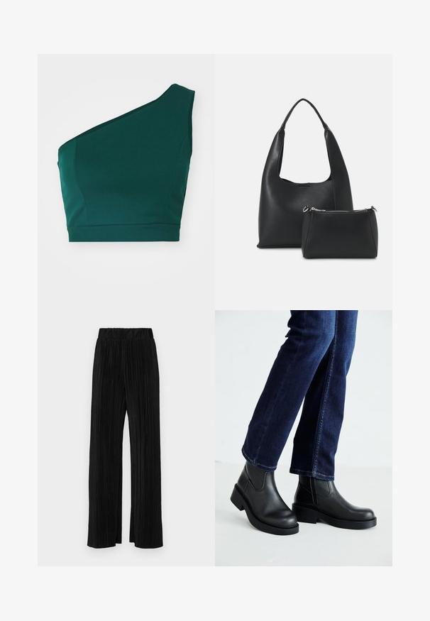 Aszimmetrikus zöld crop top sima anyagból, egyetlen pánttal a vállon és testhez simuló szegéllyel.; Fekete pliszírozott nadrág gumis derekkal. Széles lábakkal rendelkezik, sima, texturált anyagból készült, függőleges csíkokkal.; Fekete bőr bokacsizma vastag talppal és oldalán elnyújtott elasztikus betétekkel, sötétkék farmerral párosítva. A talaj világos színű.; Even&Odd Kézitáska - black