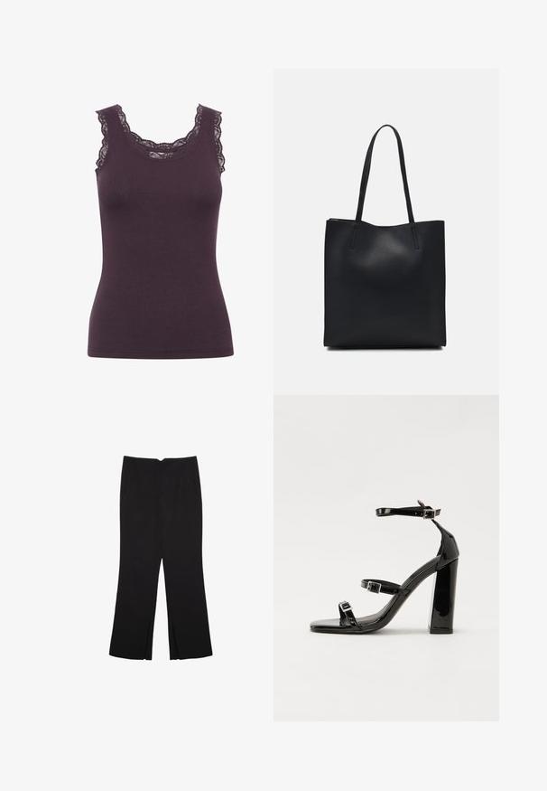Dunkelviolettes, geripptes Tanktop mit rundem Ausschnitt und aufwändiger Spitzenverzierung entlang der Kanten, in taillierter Silhouette.; Schwarze Hose mit geradem Schnitt, ausgestattet mit Fronttaschen und Seitenschlitzen am Saum. Hergestellt aus weichem, glattem Stoff. Geeignet für verschiedene Anlässe.; Schwarze patentierte Sandalen mit Absatz, quadratischer Spitze, Knöchelriemen und silbernen Schnallen. Mit einem stabilen Blockabsatz für mehr Stabilität.; Schwarze Laptoptasche aus Leder mit glatter Textur, rechteckiger Form und zwei langen Griffen. Keine sichtbaren Beschläge oder Verzierungen.