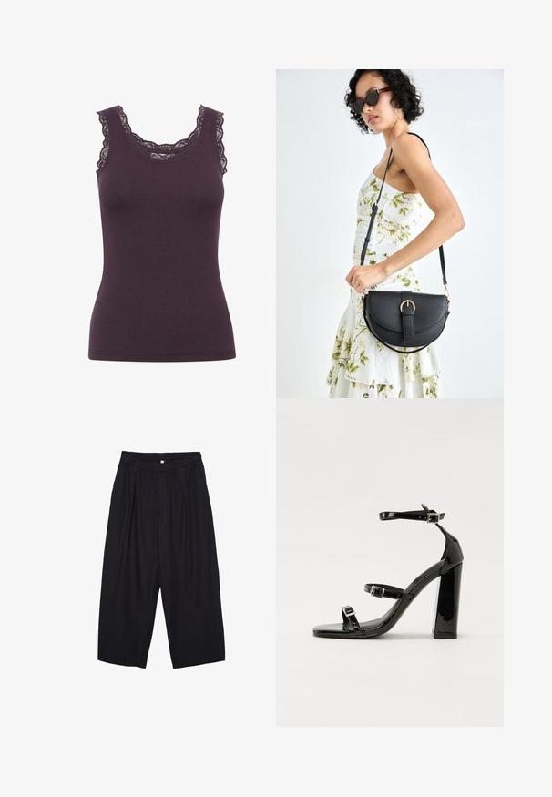 Tmavo fialová rebrovaná tielko s okrúhlym výstrihom a zložitou čipkovou dekoráciou pozdĺž okrajov, s priliehavým strihom.; Čierne polyesterové culotte nohavice s elastickým pásom, dvoma prednými záhybmi a voľným strihom. Žiadne viditeľné vzory ani detaily z kovu.; Čierne lakované sandále na podpätku so štvorcovou špičkou, navlečenými remienkami okolo členku a striebornými prackami. Disponujú masívnym blokovým podpätkom pre stabilitu.; Čierna kožená kabelka s zaobleným tvarom, odnímateľným popruhom a zlatými doplnkami. Kabelka má klopu s detailom s prackou.