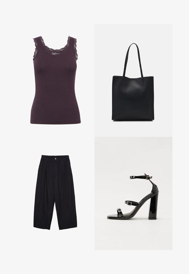 Temno vijolična rebrasta majica s tankimi naramnicami in zaobljenim izrezom, z izvirnim čipkastim detajlom ob robovih, ki se ponaša z oprijetim krojem.; Črne poliesterske culotte hlače z elastičnim pasom, dvema sprednjima nabiranjema in ohlapnim krojem. Brez vidnih vzorcev ali kovinskih detajlov.; Črne lakirane sandale s peto, kvadratnim prstom, trakovi okrog gležnja in srebrnimi zaponkami. Opremljene so s stabilno Debelo peto.; Črna usnjena torba s svilnato teksturo, pravokotne oblike in dvema dolgima ročajema. Brez vidnih metalnih delov ali okrasnih elementov.