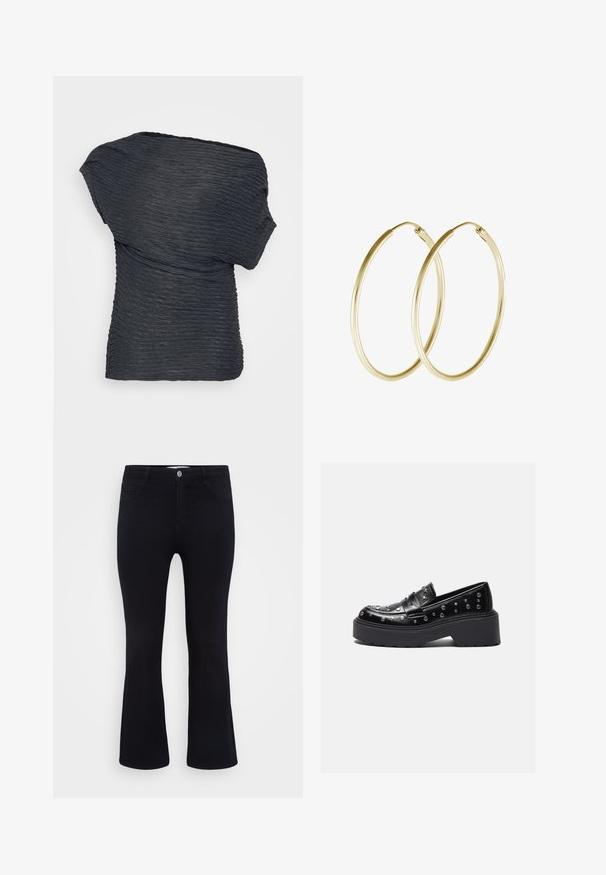 Top negro texturizado con un diseño drapeado. Presenta líneas onduladas en todo su alrededor y un escote asimétrico, hecho de un material ligero.; ONLY Carmakoma CARTHUNDER PUSH UP - Vaqueros a campana - black denim; Mocasines de piel negra con remaches plateados, que cuentan con una suela de plataforma gruesa y una correa ancha en el empeine. Textura suave, forma redondeada.; Pendientes de aro de oro con un diseño suave y redondeado y un acabado brillante. Construcción ligera con un cierre de broche seguro.