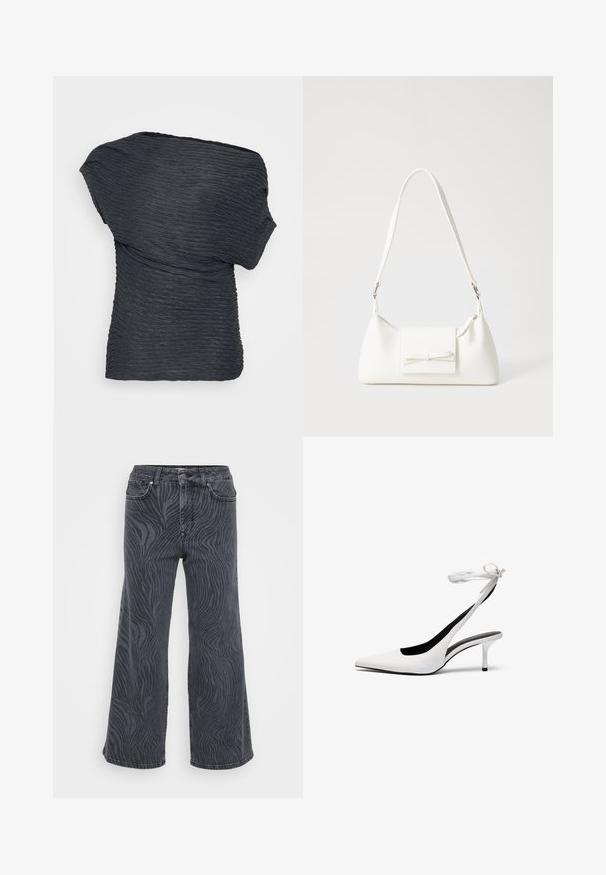 Zwarte, gestructureerde top met een gedrapeerd ontwerp. Bevat golvende lijnen en heeft een asymmetrische halslijn, gemaakt van een lichtgewicht materiaal.; Wijde pijpen jeans in donkergrijze denim met een zebraprintpatroon. Klassiek ontwerp met vijf zakken, voorzien van een knoop- en ritsluiting.; Witte pointed-toe slingback hakken met een dunne enkelband. Gladde leren materiaal, dunne stilettohak en een zwarte binnenvoering.; Witte synthetische handtas met een driehoekige vorm, platte voorklep en strikdetail, verstelbare schouderriem, gladde textuur en minimalistisch ontwerp.; Zilveren ronde oorbellen met een strak ontwerp, voorzien van een glad oppervlak en zonder zichtbare versieringen. Diameter niet opgegeven.