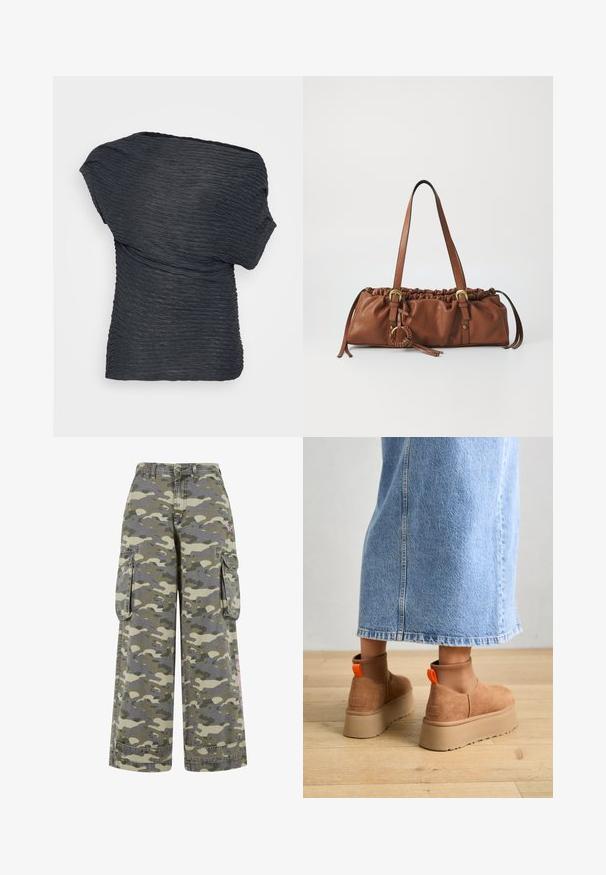 Zwarte, gestructureerde top met een gedrapeerd ontwerp. Bevat golvende lijnen en heeft een asymmetrische halslijn, gemaakt van een lichtgewicht materiaal.; Cargo-broek in een groen en beige camouflagepatroon, met een losse pasvorm, twee zijzakken en een roze accent op het been.; Bruine suède platformlaarzen met elastische zijkanten en oranje trekbandjes, gecombineerd met een lichtdenim rok tot de knie op een houten vloer.; Bruine leren handtas met geplooide bovenkant, verstelbare banden en metalen accenten. Heeft een ronde gevlochten details aan de zijkant.; Zilveren oorbel met een gepolijste afwerking, met kleine gouden accentdetails en een ronde vorm, gedragen op de oorlel.