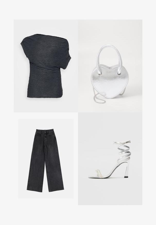 Haut noir, texturé avec un design drapé. Présente des lignes ondulées sur l'ensemble et un décolleté asymétrique, fabriqué à partir d'un matériau léger.; Jean en denim noir à jambes larges avec taille haute, design classique à cinq poches et décoloration subtile. Tissu résistant avec une texture douce.; Sandale à talons hauts argentée avec un design de lanière brillante, mettant en avant un accent semblable à une perle et une lanière de cheville en spirale pour un maintien sécurisé.; Sac à main en forme de cœur métallique argenté avec deux anses, une chaîne et une texture lisse. Présente des accessoires en métal et des bords cousus.