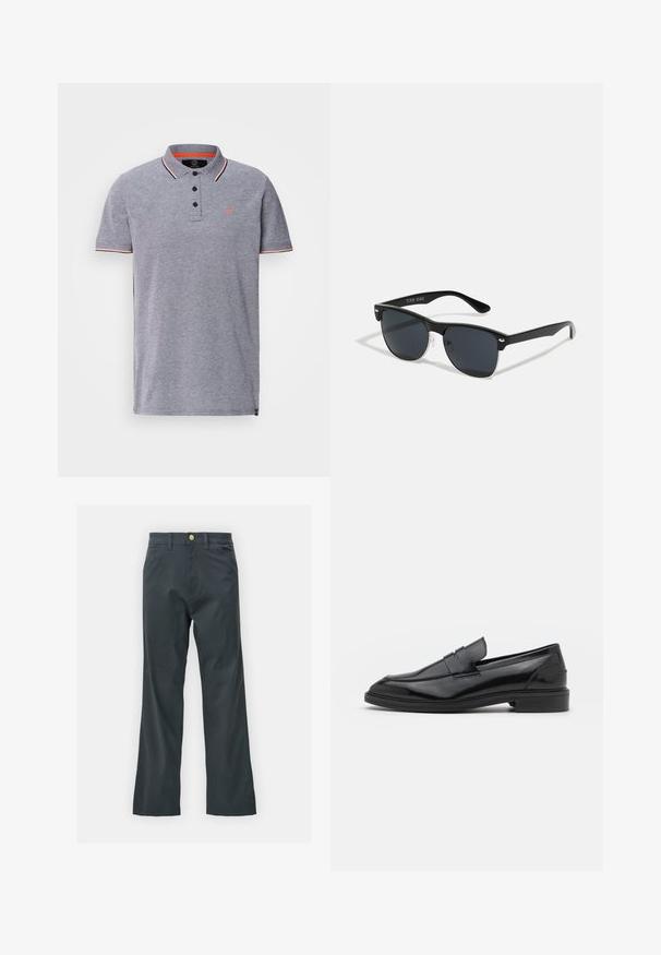 Grå polo shirt med en tekstureret krave, treknap-lukning og kontrastfarvede røde detaljer på kraven og ærmerne. Lille logo på brystet.; Sorte bukser med lige ben, lavet af en bomuldsblandingsstof. Har en metalknaplukning og sidelommer. Ingen synlige mønstre.; Sorte læder loafers med en glat overflade, der har en rund tå og en smal bånd over det øverste. Lav stablet hæl.; Sorte solbriller med rektangulær form, mørke linser, sølvdetaljer ved tindingerne og en mat finish på stellet.