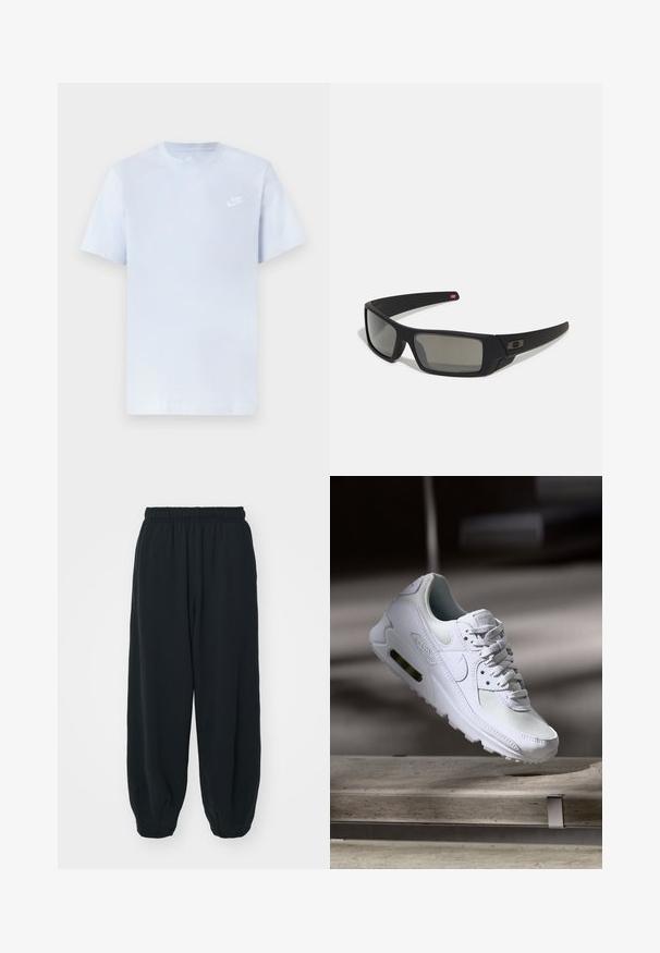 T-shirt de algodão azul claro com mangas curtas, decote redondo, e um logótipo branco da Nike impresso no lado esquerdo do peito. Textura suave, design simples.; Calças de fato de treino pretas, com cintura elástica e um corte solto, com punhos nas pernas, textura suave e sem padrões visíveis ou detalhes de metal.; Sapatilha Nike Air Max 90 branca com parte superior em malha e couro, caixa de dedos perfurada e uma unidade de ar visível no calcanhar.; Óculos de sol pretos com acabamento mate, lentes retangulares, leve curvatura nas hastes, detalhe sutil do logo e lentes de cor fumada.