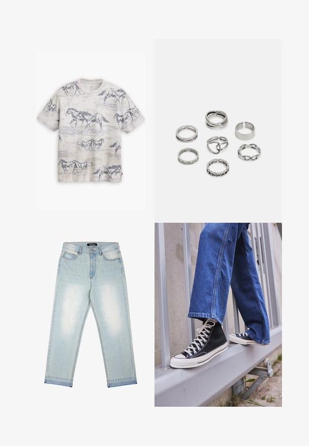 Levi's® VINTAGE TEE - Βασικό μπλουζάκι - white onyx; Pegador BARROW - Χαλαρό τζιν - sand washed blue; Μαύρα ψηλά sneakers με λευκή σόλα και κορδόνια, συνδυασμένα με χαλαρές μπλε τζιν παντελόνες, τοποθετημένα σε μια γκρίζα ράβδο.; Σέτ από επτά ασημένιες δαχτυλιές με διάφορα σχέδια, συμπεριλαμβανομένων στριφτών, συνδεδεμένων και χαρακτών μοτίβων. Διαφορετικά σχήματα και πλάτη.