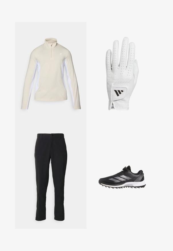 Beige long-sleeve pullover with a quarter zip, featuring white side panels and a small logo on the chest. Smooth fabric texture.; Black trousers made of woven fabric, featuring a straight leg design, front pockets, and a single button closure with a zipper fly.; Black Adidas Adizero running shoe with white sole, silver stripes, and a dial lacing system, shown in left side profile.; White leather golf glove with perforated fingers, textured stitching, and a black accent logo on the wrist. Slim fit design for grip.