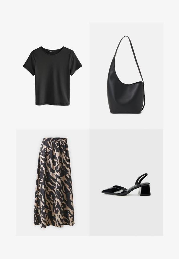 Must have mustriga lühikeste varrukatega T-särk ümarate kaelusega. Valmistatud pehmest kangast, millel on sile tekstuur ja lihtne, minimalistlik disain.; Mustikas ja beež pikk seelik elastse vöökoha ja abstraktsete loomamustritega, voolava siluetiga.; Mustad musta lakknahk kingad, millel on terav varvas ja geomeetriline plokkkonts. Omab elegantselt minimalistlikku disaini ja sujuvat tekstuuri.; Mustast nahast hobo kott, millel on sile tekstuur, kumer kuju ja üks reguleeritav rihm; peal on lai avaus.