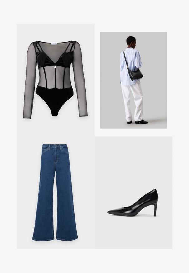 Czarny body z długimi, przezroczystymi rękawami z siateczki, aksamitnym korpusem, głębokim dekoltem w kształcie litery V oraz ozdobnym akcentem w centralnej części.; Niebieskie dżinsy z rozszerzanymi nogawkami i wysokim stanem, z pięcioma kieszeniami, zapięciem na guzik i kontrastowym przeszyciem na szwach.; Czarna skórzana szpilka z ostrym noskiem, gładką fakturą i zwężającym się obcasem. Minimalistyczny design, bez dodatkowych zdobień.; Czarna skórzana torba na ramię o miękkiej fakturze, w kształcie trójkąta, z regulowanym paskiem, połączona z jasnoniebieską koszulą w paski i białymi spodniami.