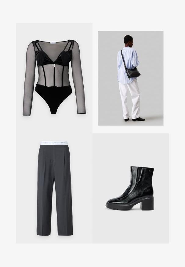 Čierny body s dlhými priesvitnými sieťovanými rukávmi, zamatovým telom, hlbokým V-výstrihom a dekoratívnym kovovým doplnkom v strede.; Sivé široké nohavice vyrobené z hladkej látky, s prednými sklady a bielym pásom s logom Calvin Klein.; Čierne lakované členkové topánky s zakrivenou špičkou, elastickými bočnými panelmi a masívnym blokovým opätkom. S embosovaným logom na zadnej strane.; Čierna kožená ramenná taška so mäkkou textúrou, trojuholníkovým tvarom a nastaviteľným popruhom, skombinovaná s svetlomodrou pruhovanou košeľou a bielymi nohavicami.