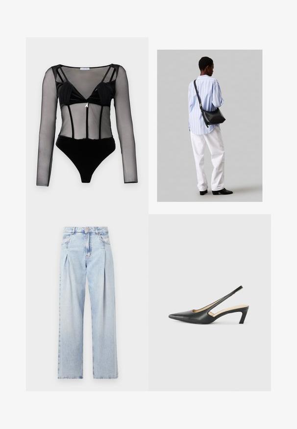 Must musta pikkade läbipaistvate võrksleevede, sametise kehaosa, sügava V-kaeluse ja dekoratiivse riistvara aktsendiga keskel.; Heledad sinise denimist valmistatud teksapüksid kõrge vöökohaga, laia jala lõikega, kahe külje taskuga ja pleedi disainiga. Pehme tekstuur ja pleekinud viimistlus.; Must mustaga, terav varvas, madala kontsaga sildiga king, mis on valmistatud siledast nahast ja mille küljel on lõike disain hingavuse tagamiseks.; Must have mustras alasi nahkpatsi, pehme tekstuuriga, kolmnurkse kujuga ja reguleeritava rihmaga, koos helesinise triibulise särgi ja valgete pükstega.