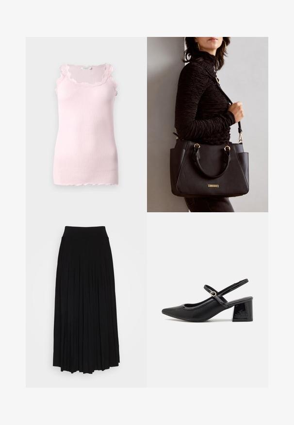 Roosa ribadega särgidop, millel on lainelise pitsist äärisega kaelus ja käeaugu ääred, omades vormitud disaini ja pehmet tekstuuri.; Must mustriga seelik kõrge ja veniva vöökohaga. Valmistatud pehmest kangast, millel on vertikaalsed volangid voolava silueti saavutamiseks.; Mustad läikivad nahast slingback-kõrged kontsad, millel on terav nina, ümar lõikekujundus ja blokknina. Omab kuldset nupu aktsenti.; Musthave must kott, millel on tekstuurne pind, kaks ülemist käepidet ja reguleeritav õlarihm. Omab kuldse tooni riistu ja külgtaskuid.