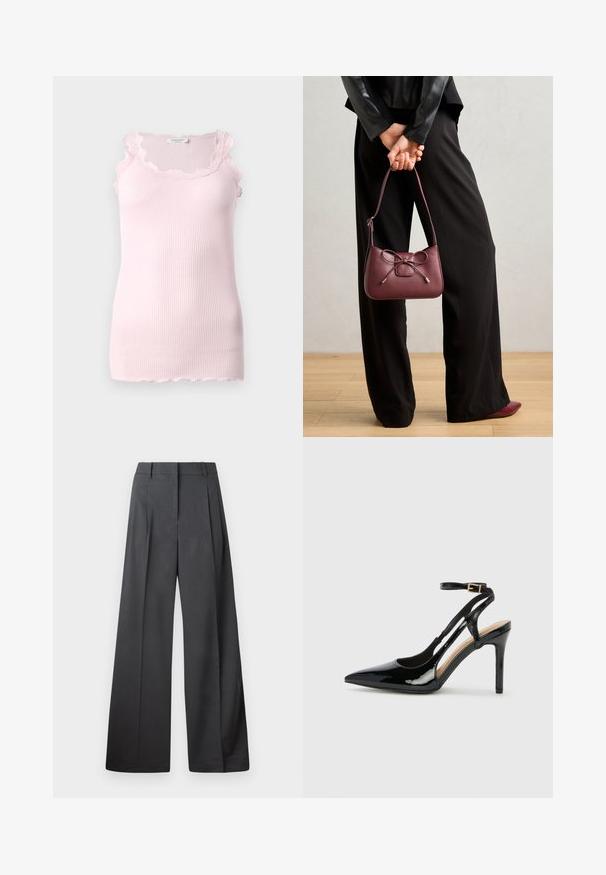 Růžový žebrovaný top bez rukávů s vlnitým krajkovým obšitím kolem výstřihu a průramků, s přiléhavým střihem a jemnou texturou.; Široké kalhoty z tmavě šedé látky, s vysokým pasem, jedním skladem a hladkou texturou s čistým zakončením na lemech.; Černé lakované kožené lodičky na vysokém podpatku s špičatou špičkou, nastavitelným páskem kolem kotníku a otevřenými stranami. Hladká textura.; Burgundská kožená kabelka s mašlí, s úzkým popruhem a zlatými detaily, kterou drží osoba v černých kalhotách.