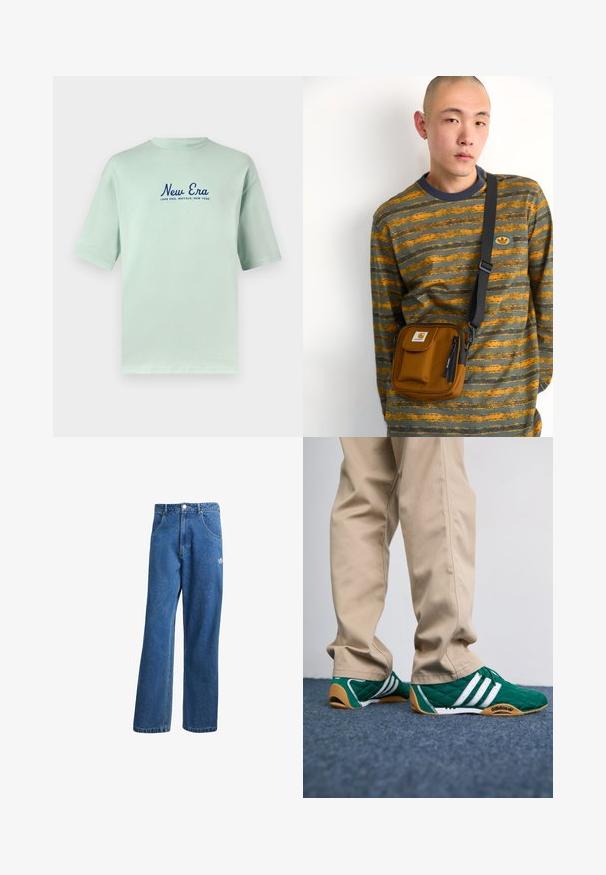 Bomba zeleni bombažni majica s kratkimi rokavi, na kateri je natisnjen temno moder napis "New Era" in pod njim "Lake Erie, Buffalo, New York".; Modre visoko pasu široke denim kavbojke z sprednjimi žepi, zankami za pas, gumbom za zapiranje in majhnim logotipom Adidas na desni stegno.; Zelene prešite teniske z belimi črtami in rjavimi gumijastimi podplati, v kombinaciji z bež hlačami. Oblikovanje vključuje nizek profil in strukturiran material.; Rjava tkaninska torba preko telesa z zadrgo in sprednjim žepom; nosi se čez sivo in oranžno prugasto majico z dolgimi rokavi z logo oznako.