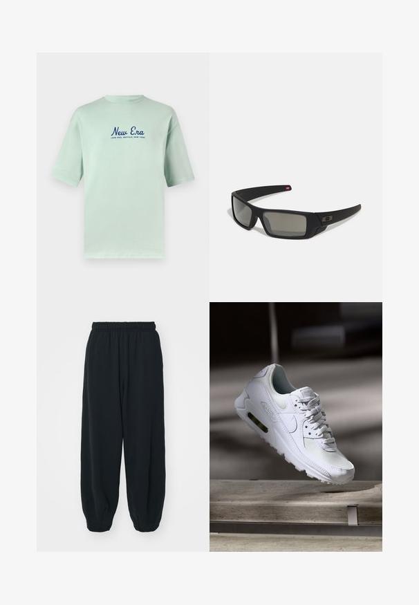 Mėtų žalios medvilnės marškinėliai trumpomis rankovėmis, su tamsiai mėlynu "New Era" užrašu ir "Lake Erie, Buffalo, New York" spausdinimu po juo.; Juodi, su elastiniu juosmeniu sportiniai kelnės su laisvu siluetu, suapvalintais kulkšnimis, lygia tekstūra ir be matomų raštų ar metalinių akcentų.; Baltos Nike Air Max 90 sportbačiai su.comi ir odos viršumi, perforuota pirštų dėžute ir matomu oro pagalvėle kulne.; Juodi akiniai saulės su matinio paviršiaus užbaigimu, stačiakampiai lęšiai, švelnus lenkimas ant šventyklų, subtilus logotipo detalizavimas ir dūminiai lęšiai.