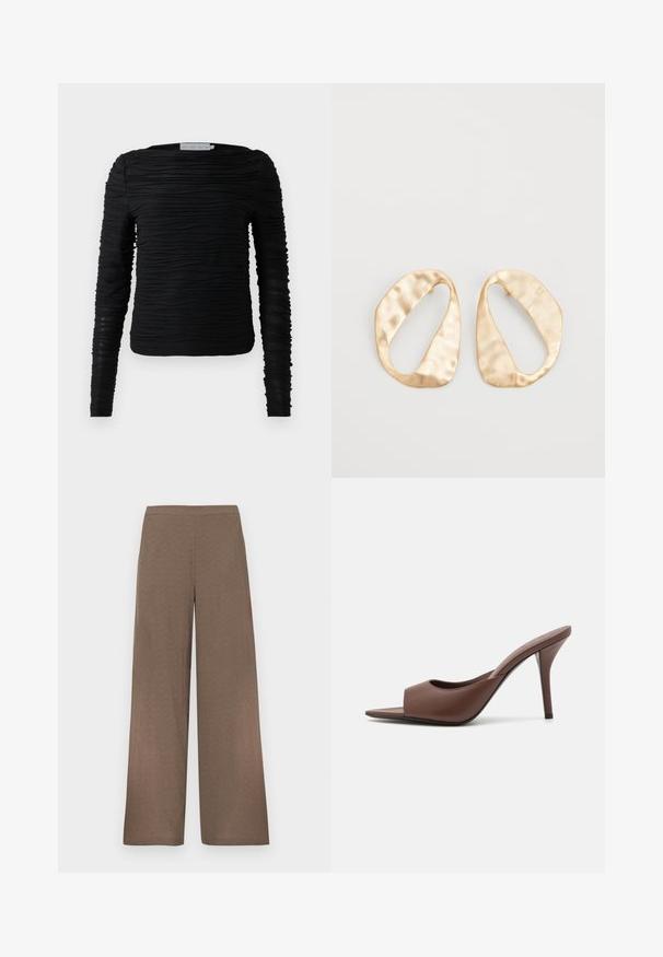 Čierna blúzka s dlhým rukávom s textúrovaným, zhrnutým dizajnom. Má okrúhly výstrih a priliehavý strih s elastickými detailmi.; Hnedé nohavice širokého strihu s plochým pásom, bez viditeľných vreciek alebo zapínaní, zobrazené na bielom pozadí.; Hnedé kožené sandále na vysokom opätku s otvorenou špičkou a elegantným dizajnom, s širokým predným pásikom a štíhlou stiletto pätou.; Pár nepravidelných oválnych zlatistých kovových náušníc s textúrovaným, mierne rozbitým povrchom na bielom pozadí.