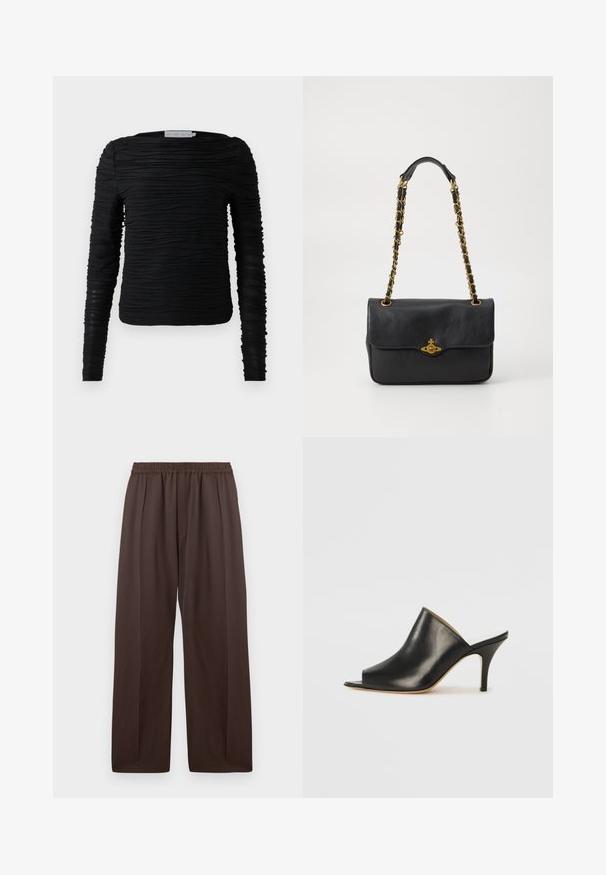 Schwarzes Langarmshirt mit gewelltem, strukturiertem Design. Verfügt über einen Rundhalsausschnitt und eine figurnahe Silhouette mit elastischen Details.; Braune weit geschnittene Hosen mit elastischem Bund und dezenten vorderen Falten, flach vor einem weißen Hintergrund präsentiert.; Schwarze Leder- offene Zehen-Mules mit einem eleganten, geschwungenen Design, hohem Stiletto-Absatz und glatter Textur. Das Innere weist eine kontrastierende hellere Farbe auf.; Schwarze Ledertasche mit einer umklappbaren Klappe, goldfarbenem Kettenriemen und Logohardware-Detail auf der Vorderseite. Glatte Textur.
