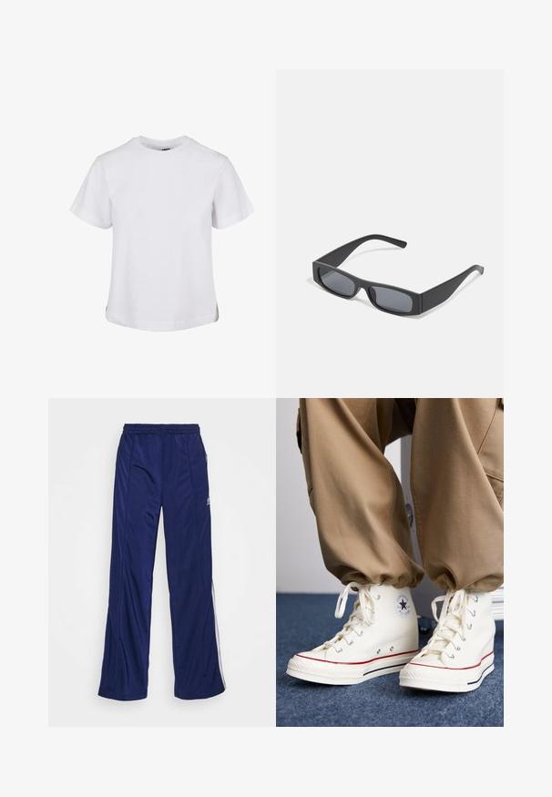 Urban Classics BOXY TEE - Základné tričko - white; Námornícke športové nohavice s elastickým pásom, rovnými nohavicami a bočnými zipsami. Obsahujú biele lemovanie po stranách. Hladká textúra látky.; Biele vysoké tenisky vyrobené z plátna s gumovou podrážkou, s čiernym hviezdovým logom a červenými a námorníckymi pruhmi.; Čierne obdĺžnikové slnečné okuliare s tmavými sklami a hrubými matnými rámami. Ramena sú mierne zúžené s hladkým povrchom.