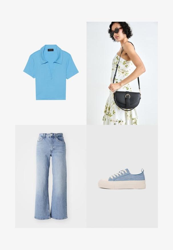 Gaiši zils polo krekls ar klasisku apkakli, īsām piedurknēm un dziļu V-veida kakla izgriezumu. Tam ir ribota tekstūra un taisna apakša.; Gai zilganzs augsta jostas platajām biksēm ar priekšējām un aizmugurējām kabatām, pogu aizdari un nelielu izbalējumu gurnos un apakšmalās.; Gaiši zili kanvas sneakeri ar krēmkrāsas gumijas pirksta aizsargu un ārējo zoli, aprīkoti ar baltām šņorēm un cilpu uz papēža.; Melnas ādas rokassoma ar izliekta formu, noņemamu siksnu un zelta aksesuāriem. Somai ir vāciņš ar sprādzes detaļu.