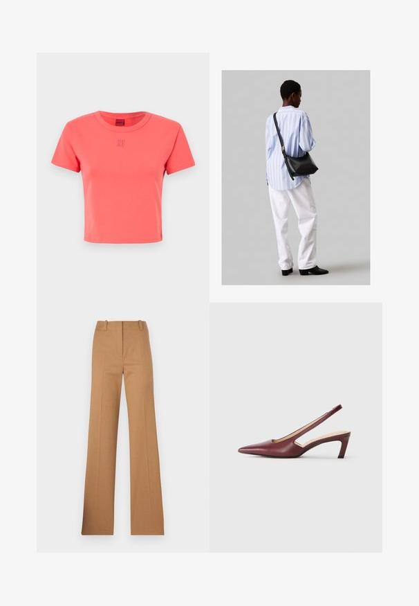 Korāļu rozā kokvilnas t-krekls ar apaļu dekoltē, īsām piedurknēm un izšūtu "HU GO" logo uz priekšpuses. Vienkāršs, pieguļošs dizains.; HUGO HULANA - Chinos tipa bikses - open brown; Burgundijas krāsas slingback papēži ar norādītu purngalu, sānu izgriezumiem un vidēja auguma bloku papēdi. Gluda ādas apdare.; Melna ādas plecu soma ar mīkstu tekstūru, trīsstūra formu un regulējamu siksnu, apvienota ar gaiši zilu svītrotu krekli un baltām biksēm.