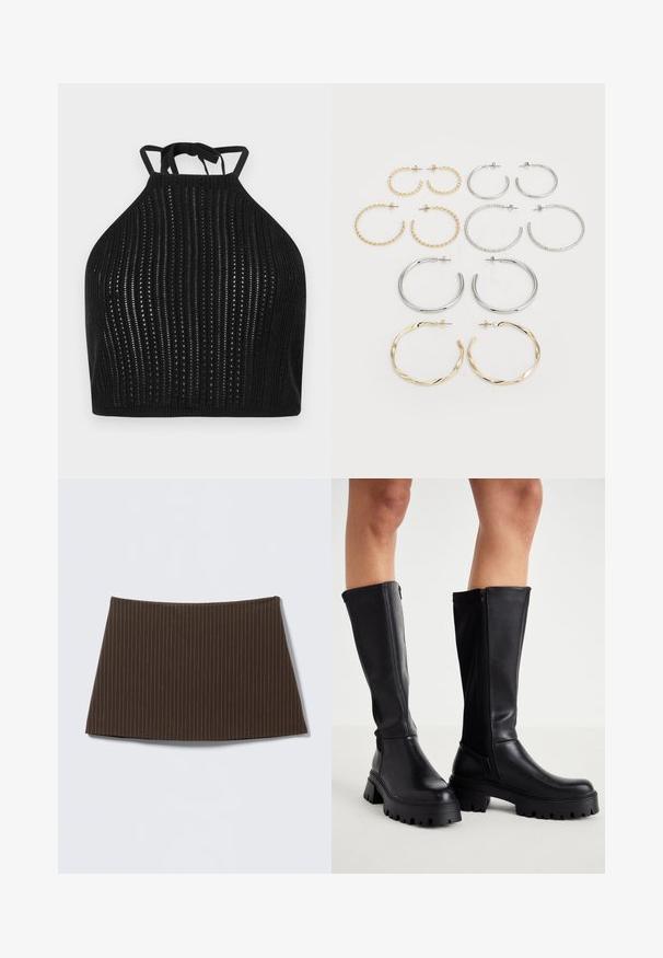 Fekete pánt nélküli felső, textúrált anyagból, függőleges csíkos mintázattal és kivágott részletekkel, állítható nyakkendőkkel.; Barna tűsávos szoknya, testhezálló szabással, sima felülettel és bővülő szegéllyel, ideális szabott megjelenéshez.; Fekete, térd fölé érő csizmák sima műbőrből, vastag talppal, oldalsó cipzárral és lekerekített orral.; Tizenkét darabból álló fülgyűrű készlet ezüst és arany árnyalatokban. Csavarodott, sima és texturált mintázatokat ölel fel, különböző méretekben és felületekkel.