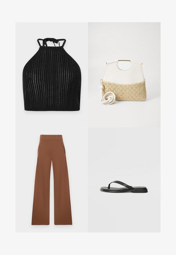 Melns halter tops, kas izgatavots no teksturēta auduma, ar vertikālu svītru rakstiem un izgriezumiem, ar regulējamiem saitēm ap kaklu.; Brūni platajā kāju bikses ar gludu, elastīgu audumu. Iezīmē augstu jostu un sānu kabatas, paredzētas brīvai piegriezumam.; Melni flip-flopi, kas izgatavoti no gludas ādas, ar plānu siksniņu dizainu un plakanu zoli ar minimālu profilu. Nav ievērojamu rakstu vai akcentu.; Balta ādas rokassoma ar strukturētu krēmkrāsas austu audumu apakšā. Iekļauj zeltaini rokturi un saritinātu baltu siksnu daudzveidībai.