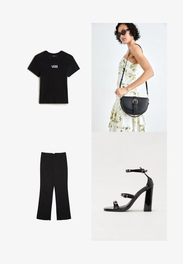Vans CAMERON - T-shirt - bas - black; Svarta byxor med rak passform, utrustade med framfickor och sidoklyvningar vid fållen. Tillverkade av mjukt, slätt tyg. Lämpliga för olika tillfällen.; Svarta lackerade klacksandaler med fyrkantig tå, ankelremmar och silverfärgade spännen. Har en kraftig blockklack för stabilitet.; Svart läderhandväska med en böjd form, avtagbar rem och guldiga detaljer. Väskan har ett lock med en spänndetalj.