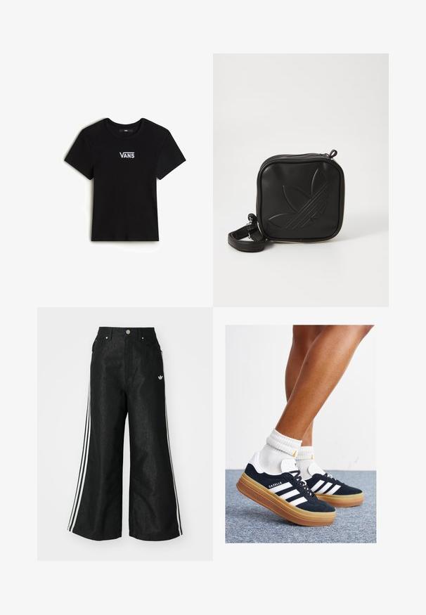 Vans - T-shirt basic; Czarne dżinsy o szerokich nogawkach z trzema białymi paskami po bokach i małym białym logo. Posiadają przednie kieszenie i zapięcie na guzik.; Czarne zamszowe trampki z białymi paskami i akcentami, zaokrąglonym noskiem, gumową podeszwą w kolorze jasno-brązowym, zestawione z białymi żebrowanymi skarpetkami do kostki.; Czarna torba na ramię wykonana z teksturowanego materiału syntetycznego. Posiada wytłoczone logo oraz regulowany pasek. Zamek błyskawiczny.