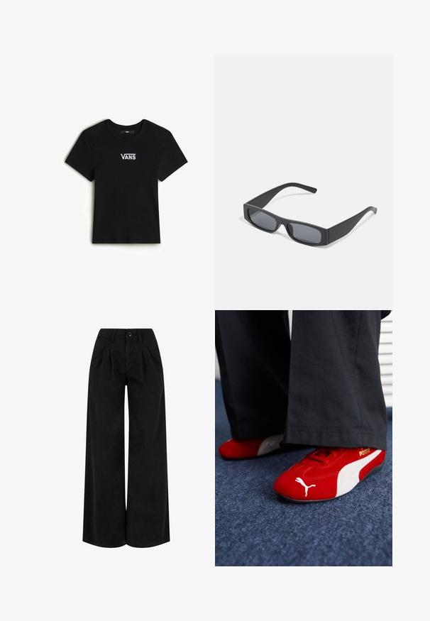 Vans CAMERON - T-paita - black; Mustat leveälahkeiset housut, jotka on valmistettu kevyestä kankaasta. Niissä on laskokset edessä, nappisulku ja siisti viimeistely lahkeiden helmassa.; Punaiset mokkapohjaiset lenkkarit valkoisilla yksityiskohdilla, joissa on tekstuurinen materiaali, pyöreä kärki ja kultainen logo sivussa, yhdistetty mustiin housuihin.; Mustat suorakulmaiset aurinkolasit tummilla linsseillä ja paksuilla mattepinnoilla. Varsien malli on hieman kapeneva ja pinta sileä.