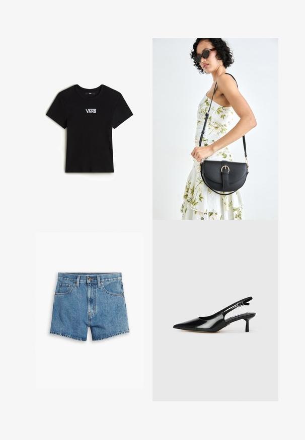 Vans CAMERON - Camiseta básica - black; Pantalones cortos de denim en azul claro, con cinco bolsillos, cremallera y cierre de botón. El dobladillo está deshilachado y tiene un diseño de ajuste relajado.; Tacones slingback de charol negro con punta afilada, tacón delgado y correa ajustable con hebilla. Textura suave con un detalle mínimo.; Bolso de piel negra con forma curva, correa desmontable y herrajes dorados. El bolso cuenta con una solapa con un detalle de hebilla.