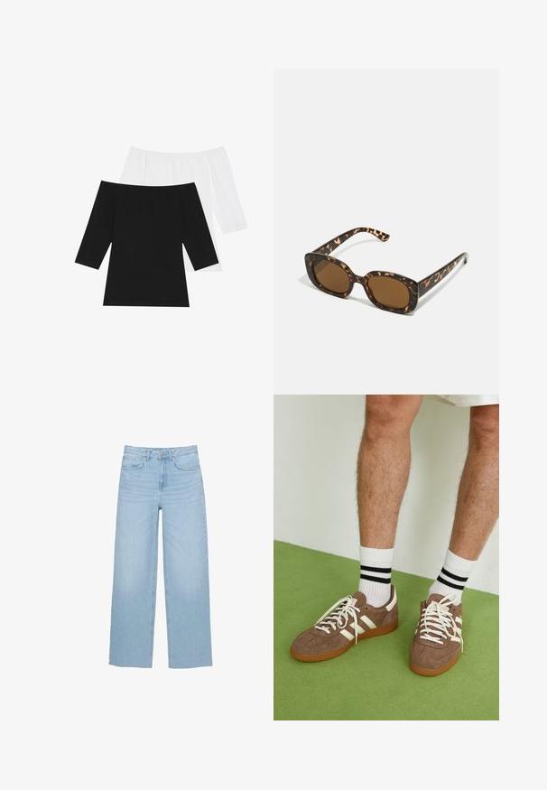 To sveske toppe med bare skuldre: en i sort og en i hvid, med trekvartlange ærmer, lavet af blødt bomuld med en glat tekstur.; Lysblå brede jeans lavet af denim, med høj talje, lige snit og fem-lomme design med en ren kant.; Brune ruskind sneakers med hvide detaljer og snørebånd. Gummisål i naturgummi. Båret med hvide sokker med sorte striber. Grøn struktureret gulv.; Skildpadde-solbriller med en rund, kraftig ramme og brune linser. Har subtile mønstre og lige, afsmalnende stænger.; Zign LEATHER - Shopping bags - light brown