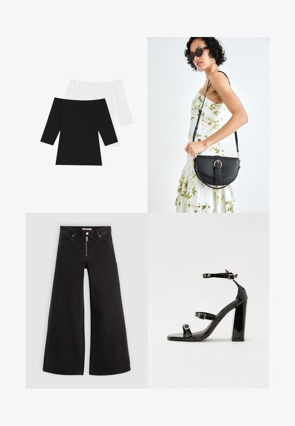 Twee off-shoulder tops: één in zwart en één in wit, met driekwartmouwen, gemaakt van zachte katoen met een gladde textuur.; Wijdvallende jeans van zwarte denim met een ritssluiting aan de voorkant, vijf zakken en subtiele stikdetails. Soepele textuur en casual stijl.; Zwarte gepatenteerde sandalen met hak en een vierkante neus, enkelbandjes en zilveren gespen. Heeft een stevige blokhak voor stabiliteit.; Zwarte leren handtas met een gebogen vorm, afneembare schouderband en gouden hardware. De tas heeft een klep met een gespsluiting.