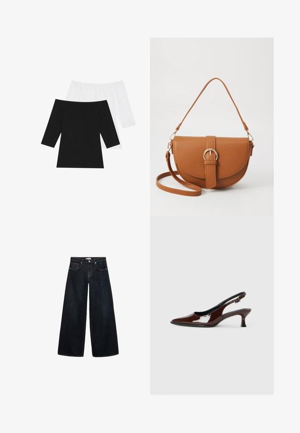 Two off-the-shoulder tops: one in black and one in white, featuring three-quarter sleeves, made of soft cotton with a smooth texture.; Wide-leg dark denim jeans with a high waist, featuring contrasting stitching, front pockets, and a minimalistic design.; Brown patent leather slingback shoe with a pointed toe and a moderate heel. Features a buckle strap for secure fit. Smooth texture.; Brown leather crossbody bag with a curved shape, gold hardware, and a buckle accent. Features a detachable shoulder strap.
