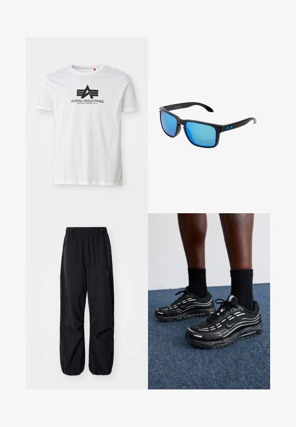 Valkoinen puuvillapaita, jossa on musta graafinen logo, jossa on "A" ja kaksi vaakasuoraa raitaa, nimeltään "Alpha Industries" ja sijaintitiedot alla.; Mustat kevyet cargo-housut, joissa on joustava vyötärö, sivuvetoketjut ja tilavat taskut. Ominaisuuksiin kuuluu rento istuvuus ja kapenevat hihnat.; Mustat Nike-kengät, joissa on verkkomateriaali ja korostetut raidat, teksturoitu nauhoitus ja musta kumipohja. Yhdistetty mustiin ribbikurottimiin.; Tyylikkäät mustat aurinkolasit, joissa on siniset peililinssit, neliömäiset kehykset ja sininen yksityiskohta tempura. Valmistettu kevyestä muovimateriaalista.