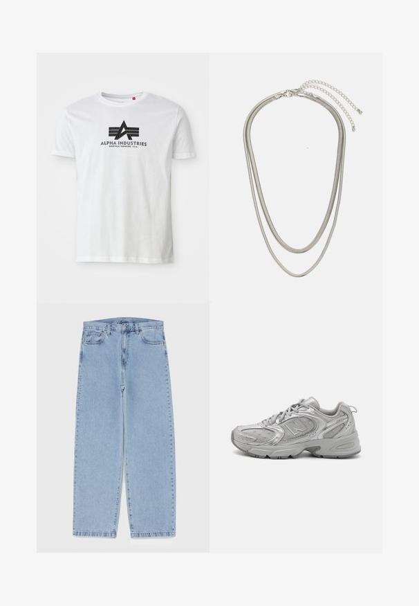 White cotton t-shirt featuring a black graphic logo with an "A" and two horizontal stripes, labeled "Alpha Industries" and location details below.; Light blue denim jeans with straight leg design, featuring a mid-rise waist, five pockets, and a button and zipper closure.; Silver athletic shoe with a sleek design, mesh panels, padded tongue, textured synthetic upper, and rubber outsole for traction.; Three-layered silver metal necklace featuring sleek, flexible chains with a slight sheen, secured with a lobster clasp and adjustable chain.