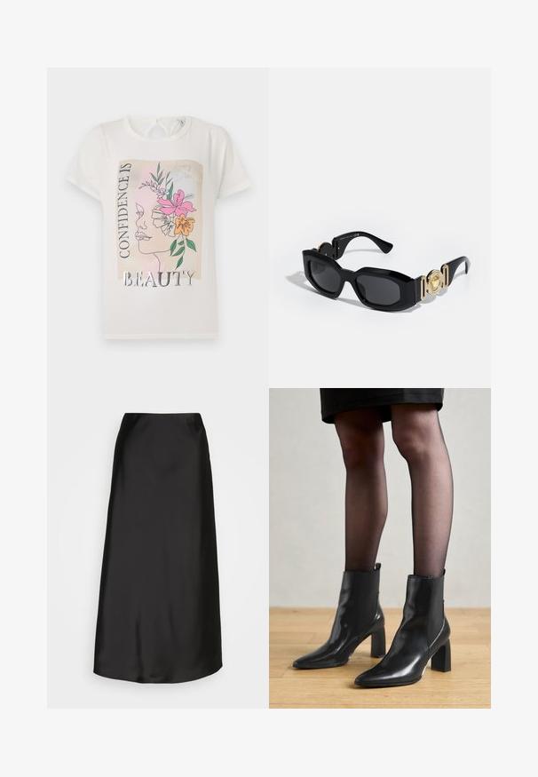 Valkoinen t-paita, jossa on graafinen suunnittelu kasvosta, jota koristavat kukat ja teksti "ITSELUOTTAMUS ON KAUNEUTTA". Lyhyet hihat, pyöreä pääntie.; Mustat satiini-midi-hameet, joissa on sileä pinta, A-linjainen malli ja hienovarainen kiilto. Ominaisuudet sisältävät tyylikkään, yksinkertaisen muotoilun ilman koristeluja.; Mustat nahkasaappaat nilkkamittaisella varrella, terävässä kärjessä, paksussa neliömassassa ja tyylikkäässä muotoilussa. Varustettu joustavilla sivupaneeleilla, jotka helpottavat pukemista.; Mustat aurinkolasit paksulla kehällä, joissa on kultaiset yksityiskohdat ja логolangat temppeleissä. Linssit ovat tummat ja suorakulmaiset.