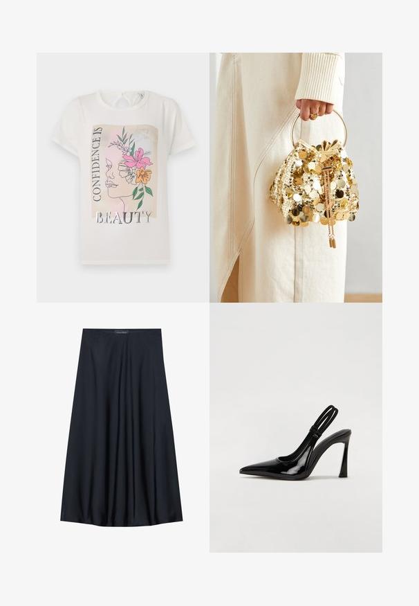 Witte t-shirt met een grafisch ontwerp van een gezicht versierd met bloemen en de tekst "VERTROUWEN IS MOOIHEID." Korte mouwen, ronde hals.; Zwarte, knielange rok van lichtgewicht stof met een vloeiende uitstraling. Kenmerkt zich door een gladde textuur en subtiele plooien voor extra detail.; Zwarte gepatineerde leren slingback pump met puntige neus, slanke hoge hak en dubbele elastische band voor een veilige pasvorm. Gladde, glanzende oppervlakte.; Gouden pailletten trekkoord handtas met een ronde handgreep, versierd met glanzende ronde pailletten en een gemêleerde stof. Afmetingen zijn niet opgegeven.