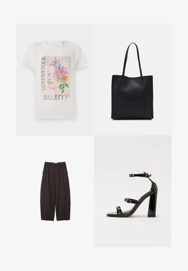 Bijela majica s grafičkim dizajnom lica ukrašenog cvijećem i natpisom "SAMOPOUZDANJE JE LJEPOTA." Kratki rukavi, okrugli dekolte.; Crne široke hlače napravljene od glatke tkanine, s visokim strukom, prednjim nabranjima i bočnim džepovima. Jednostavan dizajn bez ukrasa.; Crne lakirane sandale na pete sa kvadratnim nosom, trakama oko gležnja i srebrnim kopčama. Imaju čvrst blok petu za stabilnost.; Crna kožna torba za nošenje s glatkom teksturom, pravokutnim oblikom i dvije duge ručke. Nema vidljivih metalnih dijelova ili ukrasa.