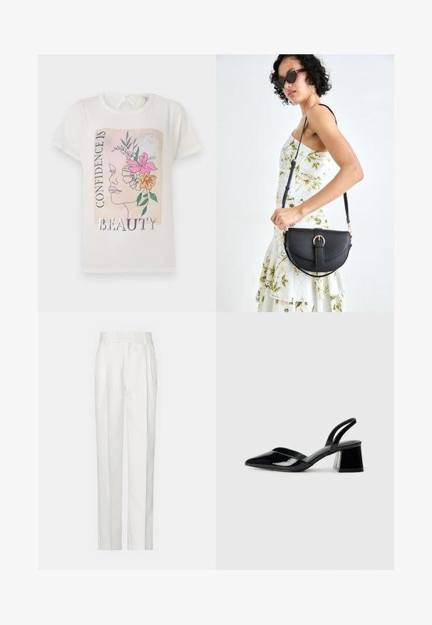 T-shirt alb cu un design grafic reprezentând o față împodobită cu flori și textul "CONFIDENȚA ESTE BELLEA." Mâneci scurte, guler rotund.; Pantaloni albi cu dungi înguste, cu un design cu picior drept, confecționați dintr-un material ușor. Prezintă pliseuri în față și un talie tradițională.; Pantofi cu toc slingback din piele lacuită neagră, cu vârf ascuțit și toc geometric. Prezintă un design elegant, minimalist și o textură netedă.; Geantă din piele neagră, cu o formă curbată, curea detașabilă și accesorii aurii. Geanta are un capac cu un detaliu tip cataramă.