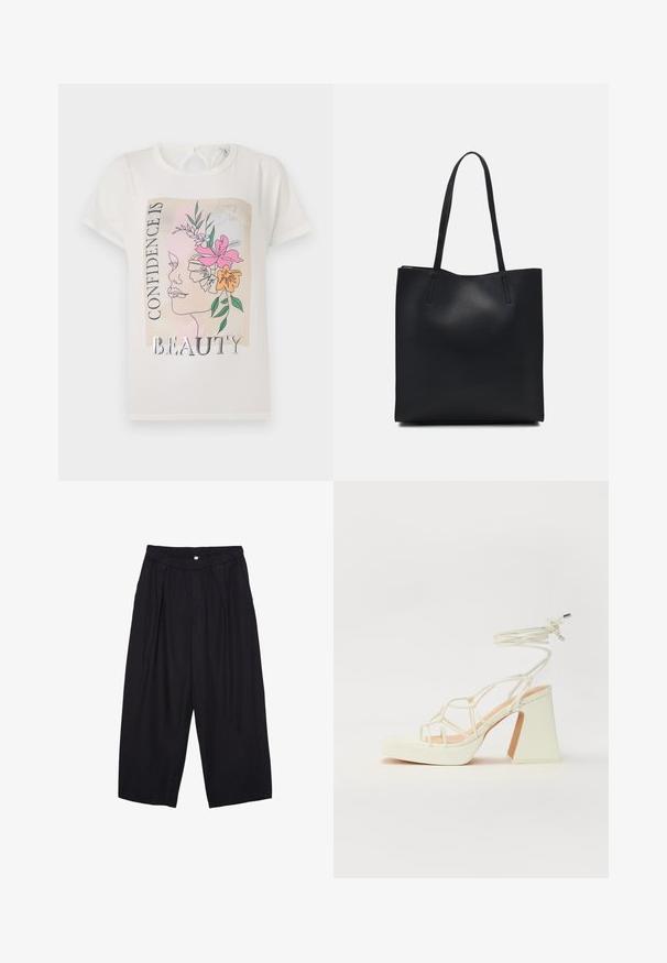 Valkoinen t-paita, jossa on graafinen suunnittelu kasvosta, jota koristavat kukat ja teksti "ITSELUOTTAMUS ON KAUNEUTTA". Lyhyet hihat, pyöreä pääntie.; Musta polyesterinen culotte-housut, jossa on joustava vyötärö, kaksi etupleettiä ja löysä siluetti. Ei näkyviä kuvioita tai metallisia yksityiskohtia.; Valkoinen korkokenkä, jossa on paksu korko, ja joka sisältää nauhakiinnityksen ja nilkkaketjun. Sujuva pinta, jossa on platform-etupohja lisäkorkeutta varten.; Mustapahkainen kangaskassi, jossa on sileä pinta, suorakaiteen muotoinen ja kaksi pitkää kahvaa. Ei näkyvää metalliosaa tai koristeita.