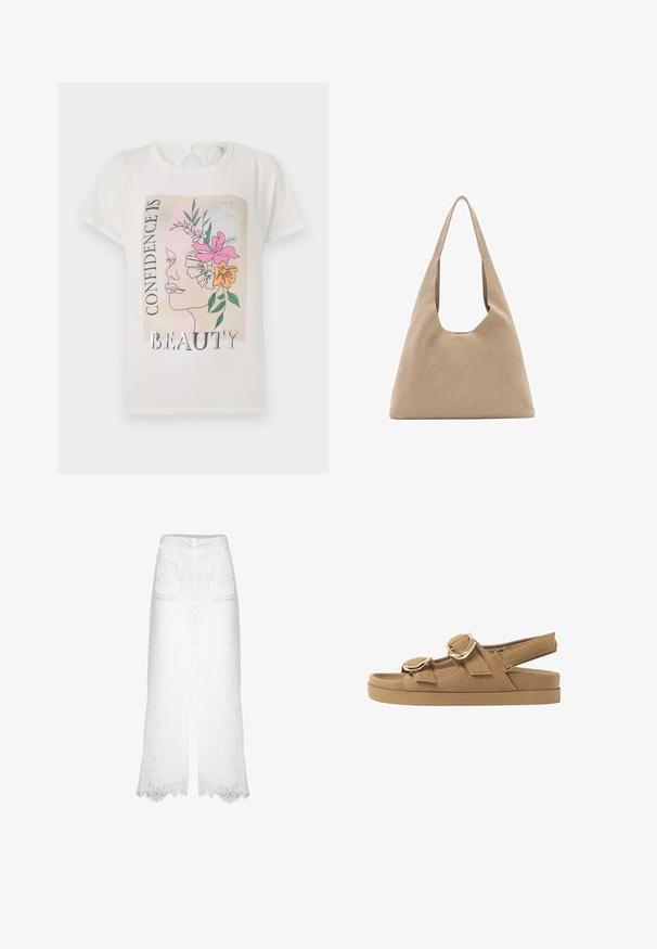 Hvid t-shirt med et grafisk design af et ansigt udsmykket med blomster og teksten "SELVTILLID ER SKØNHED." Korte ærmer, rund halsudskæring.; Hvide bukser med brede ben lavet af struktureret blonde, med to frontlommer og bølgende kanter. Inklusiv en glat talje med en lille logoaccent.; Tan ruskindssandaler med to justerbare stropper, gyldne detaljer og en tyk polstret sål for komfort og støtte.; Beige stof totebag med en unik trekantet form, brede skulderstropper og synlige sømdetaljer for ekstra struktur.